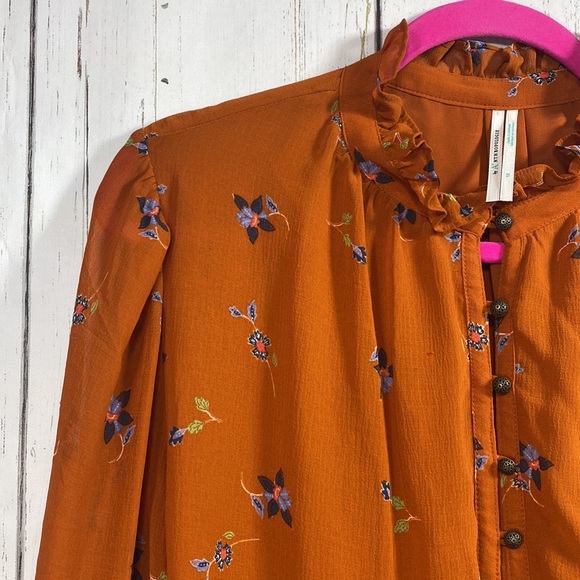 Anthropologie Womens Floral Boho Chiffon Button Front Puffed Sleeve Blouse - Picture 5 of 16